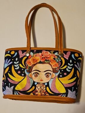 Floral Frida-Inspired Canvas Tote Bag in Black and Tan